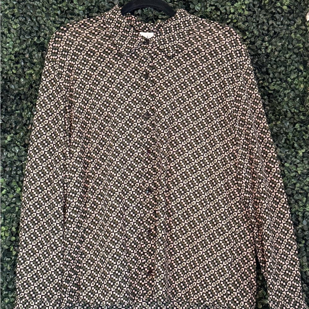 Cabi Geometric Print Button-Front Blouse in Olive, Black, & Cream